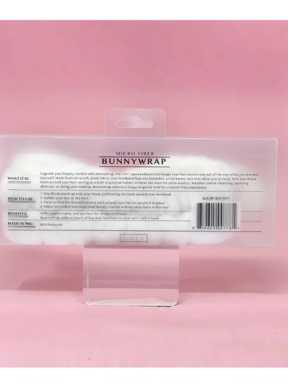 BunnyWrap Microfiber Headband in White with Pink Ear Accents